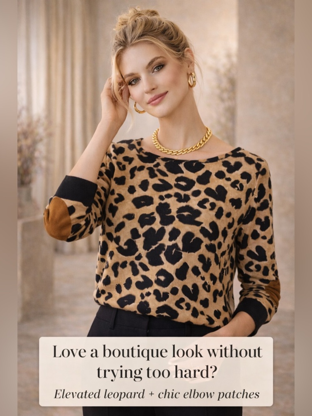 Leopard Print Knit Top M Soft Luxe Drape Elbow Patch Detail Chic Preppy